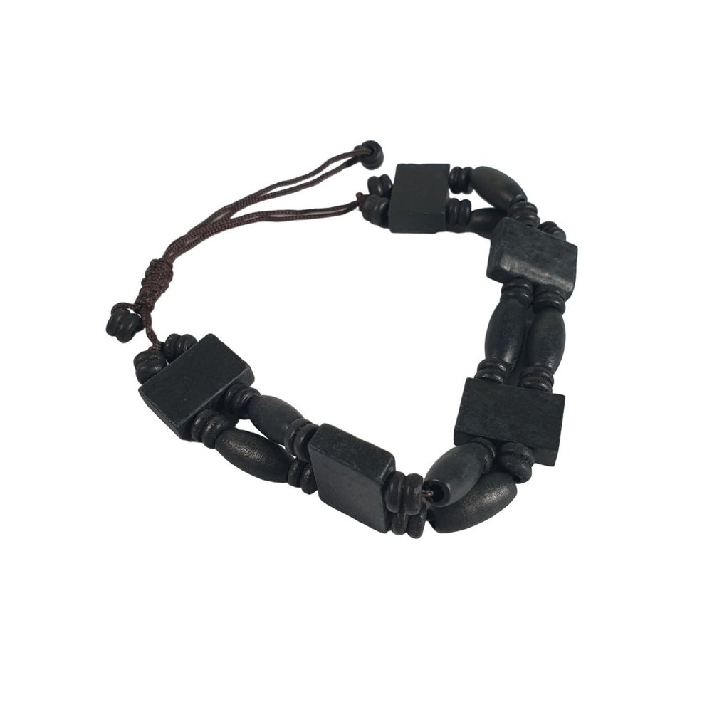 Wooden Bead Bracelet 7" Men Women Adjustable Cord Slider Black Fashion Jewlery